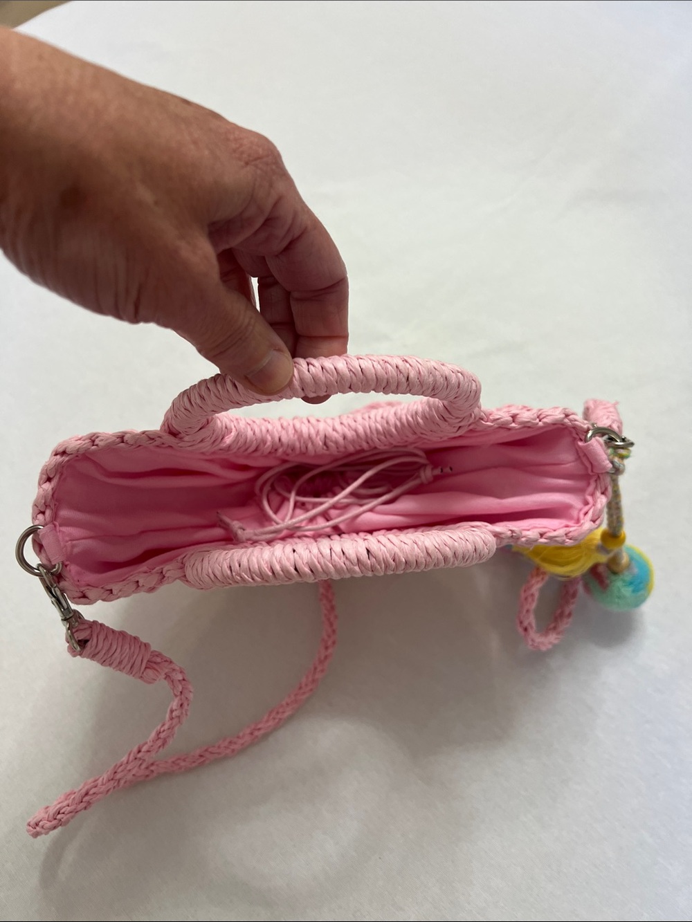 Most Wanted USA Pastel Pink Straw Top Handle Crossbody Boho Bag Tassels PomPom - Picture 8 of 12